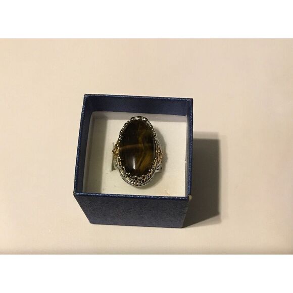 Gorgeous 30 Carat Genuine African Tiger Eye Gemstone Filigree Ring Sz 8 - Picture 1 of 5